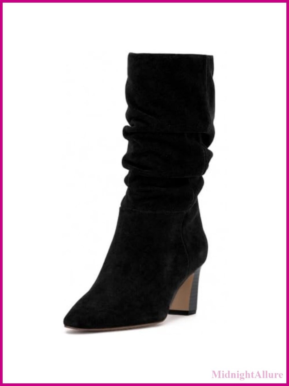Suede Mid Calf Boots Square Toe Chunky Block Heel Slouchy Womens Slip On